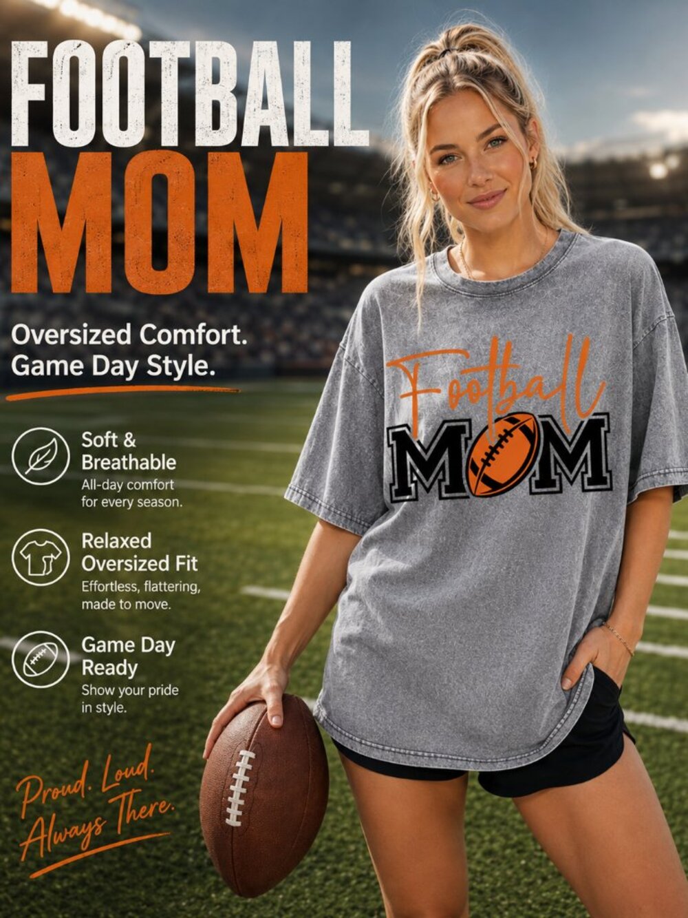 Game Day Mom Tee, Gray Washed Oversized T Shirt, Football Mama Graphic Tee, Spor